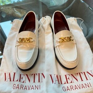 Valentino Garavani White Leather V Logo Chain Gold Mule Slip On Flat Loafer 37
